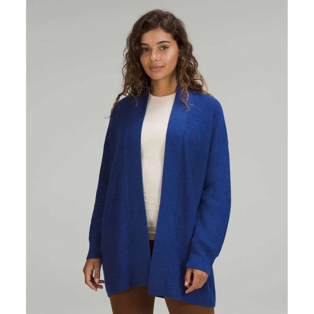 Lululemon Ribbed Long Wrap Cardigan Women 4 Blue‎ Merino Wool Blend Open Pocket